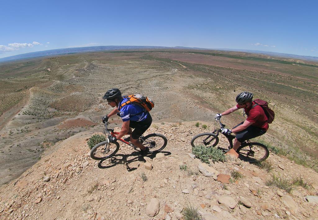 Two mountain bikers navigate a rocky terrain on a hillside, with a vast landscape of rolling hills and a clear blue sky in the background. One rider is wearing a blue shirt and an orange backpack, while the other is in a red shirt, both equipped with helmets. The rugged and arid scenery emphasizes the adventurous nature of the activity. Zippety Do Dah mountain bike trail.