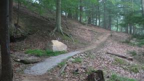 A winding gravel path leads through a wooded area with trees lining both sides. The ground is covered in leaves, and a large rock is visible alongside the trail. North Bend State Park mountain bike trail.