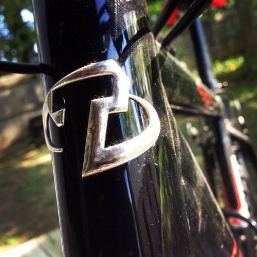 Trek 4300: Close-up of a silver logo mounted on the frame of a black bicycle, with a blurred green and natural background.