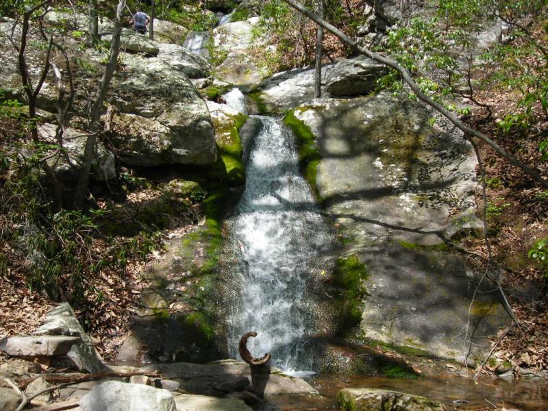 A small waterfall cascading over moss-covered rocks, surrounded by trees and foliage. Sunlight filters through the leaves, creating dappled shadows on the ground. A person is visible in the background near the top of the waterfall. Douthat State Park mountain bike trail.