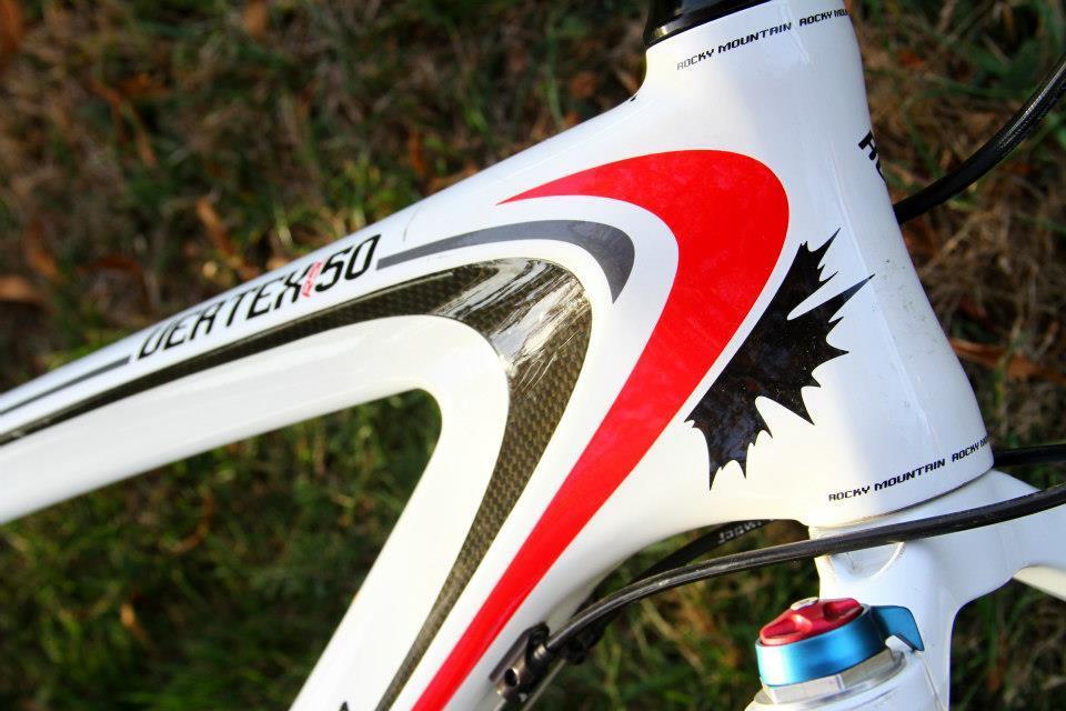 Rocky Mountain Vertex 50: Close-up view of a white bicycle frame with red and gray design elements. The frame features the text "DEATER 50" and branding for "Rocky Mountain." The background consists of grass, adding a natural outdoor setting.