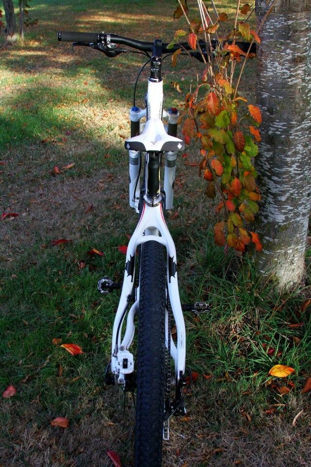 Rocky Mountain Vertex 50: A mountain bike positioned on grass with autumn leaves, showing the rear view against a tree. The bike features a white frame, visible suspension components, and thick, knobby tires suitable for off-road riding.