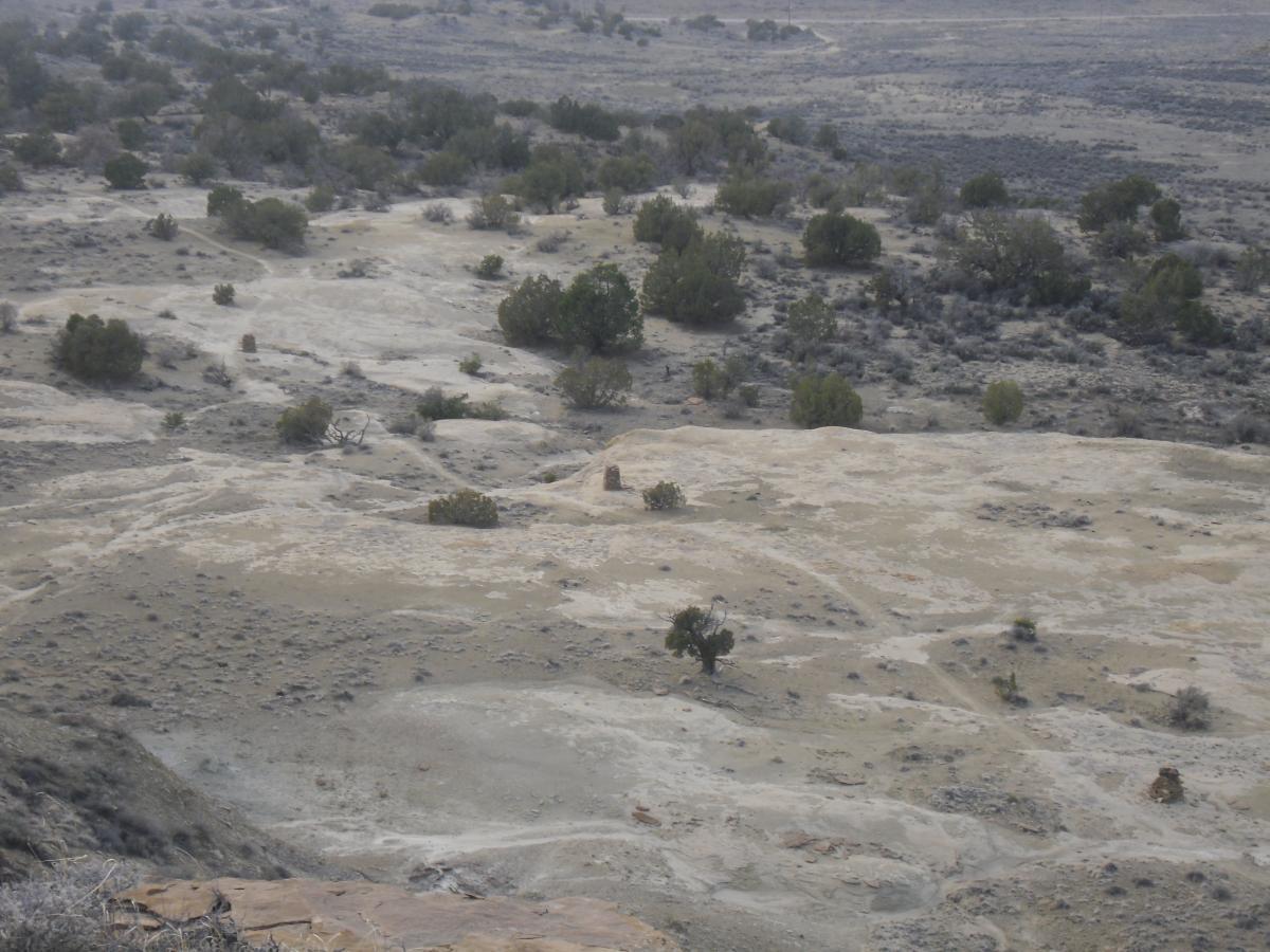 A wide view of a rugged, semi-arid landscape featuring sparse vegetation, scattered bushes, and patches of exposed earth. The terrain is mostly flat with some uneven areas, indicating possible erosion. The scene is set under a cloudy sky, with distant hills visible in the background. High Desert Trail System mountain bike trail.