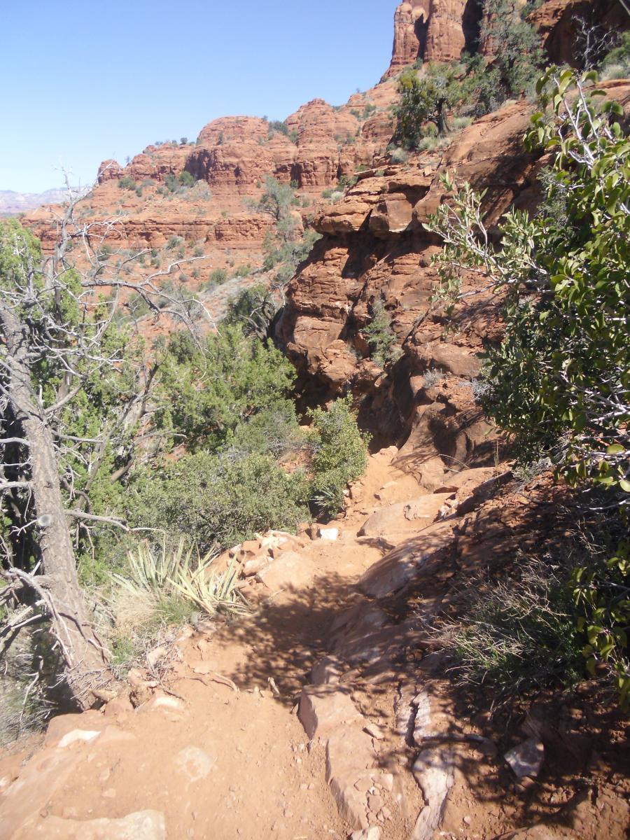 A narrow dirt trail winding through a rocky landscape, surrounded by red rock formations and sparse vegetation under a clear blue sky. Hiline mountain bike trail.