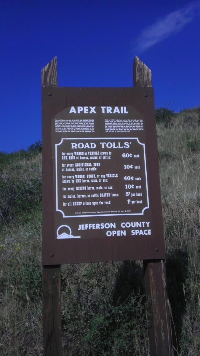 A wooden sign for the Apex Trail displaying information about road tolls. The sign includes details about fees for different types of vehicles, horses, and livestock. It features a blue sky and grassy surroundings. The bottom of the sign indicates it is part of Jefferson County Open Space. Apex Park mountain bike trail.