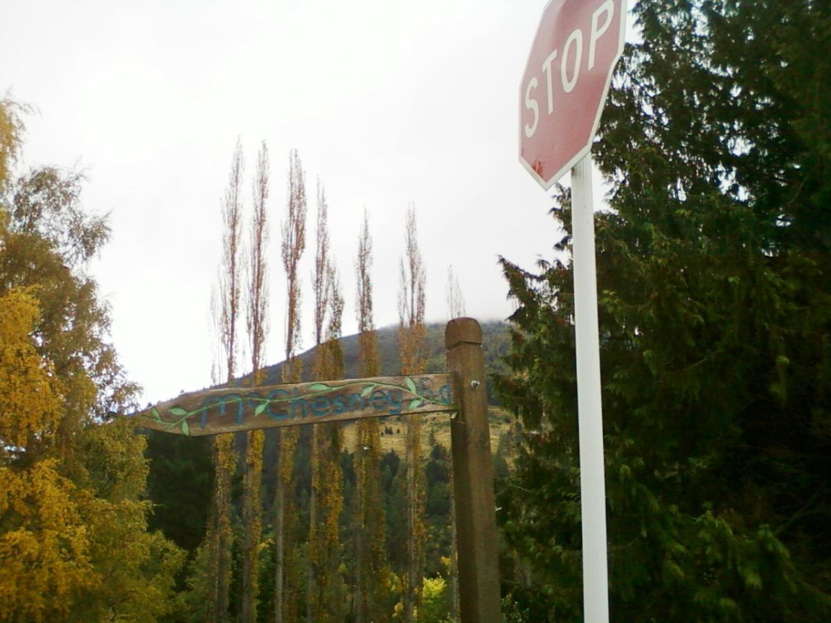 A wooded area featuring a wooden sign that reads "McChesney" surrounded by tall trees, with a stop sign in the foreground. The sky is cloudy, and a hillside can be seen in the background. Moonlight Circuit mountain bike trail.