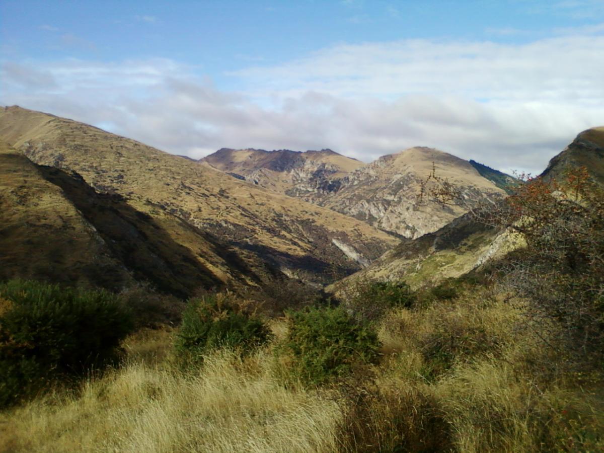 A scenic view of rolling hills and mountains under a cloudy sky, with patches of greenery and dry grass in the foreground, showcasing the natural landscape. Moonlight Circuit mountain bike trail.