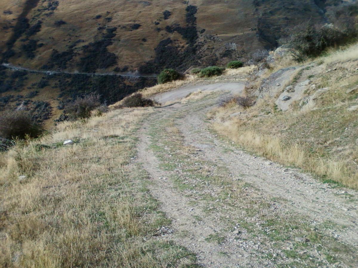 A winding dirt pathway traverses a hilly landscape, surrounded by patches of dry grass and sparse vegetation. The trail slopes downward, leading through a rugged terrain with rocky outcrops visible along the edges. The scene captures a natural, untamed beauty typical of outdoor hiking areas. Moonlight Circuit mountain bike trail.