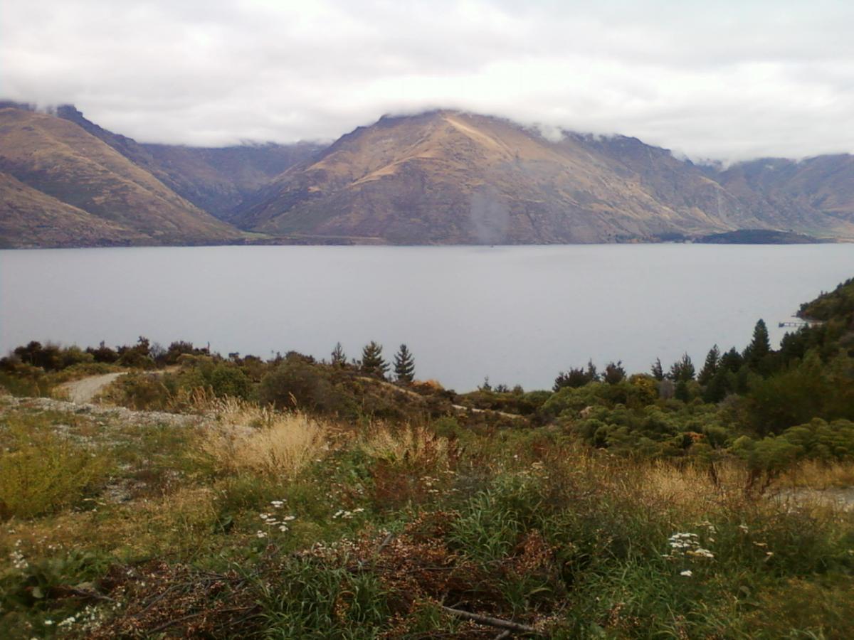 A scenic view of a tranquil lake surrounded by rugged mountains under a cloudy sky. The foreground features a mix of grass and wildflowers, along with a winding dirt path leading towards the water. 7 Mile Riding Area mountain bike trail.