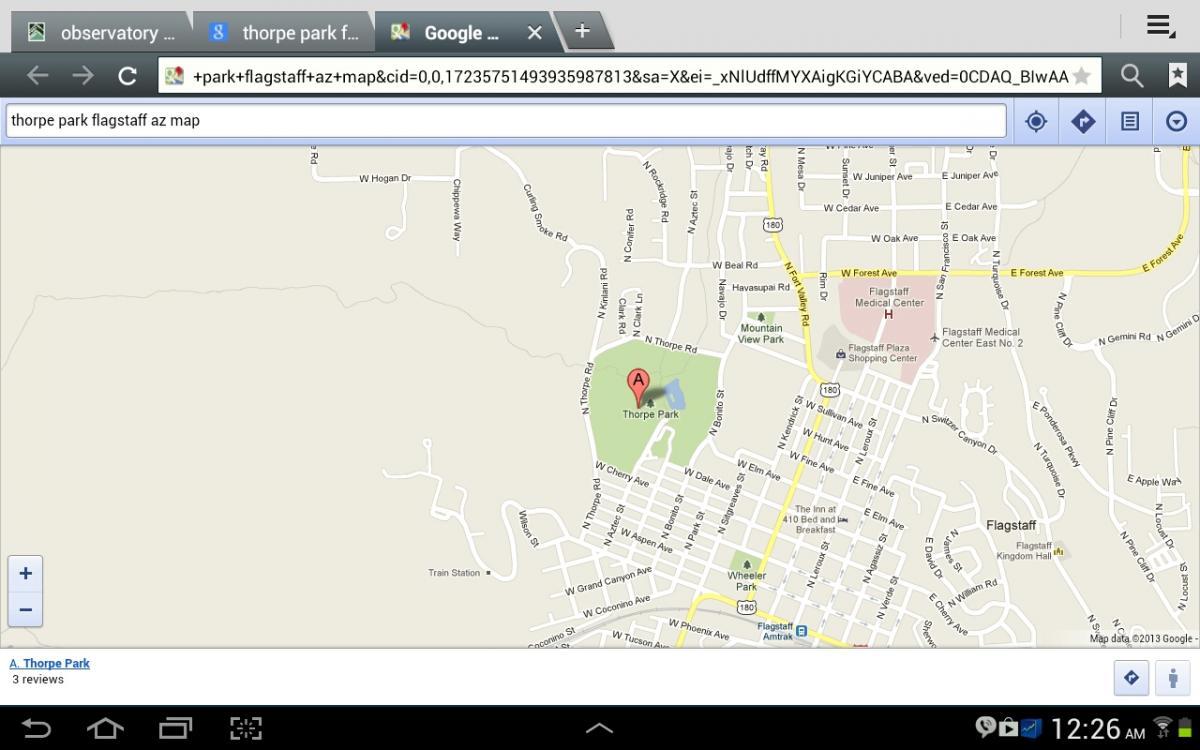 Map of Thorpe Park in Flagstaff, Arizona, displaying nearby streets, landmarks, and points of interest, with a marker indicating the location of Thorpe Park. Observatory Mesa mountain bike trail.