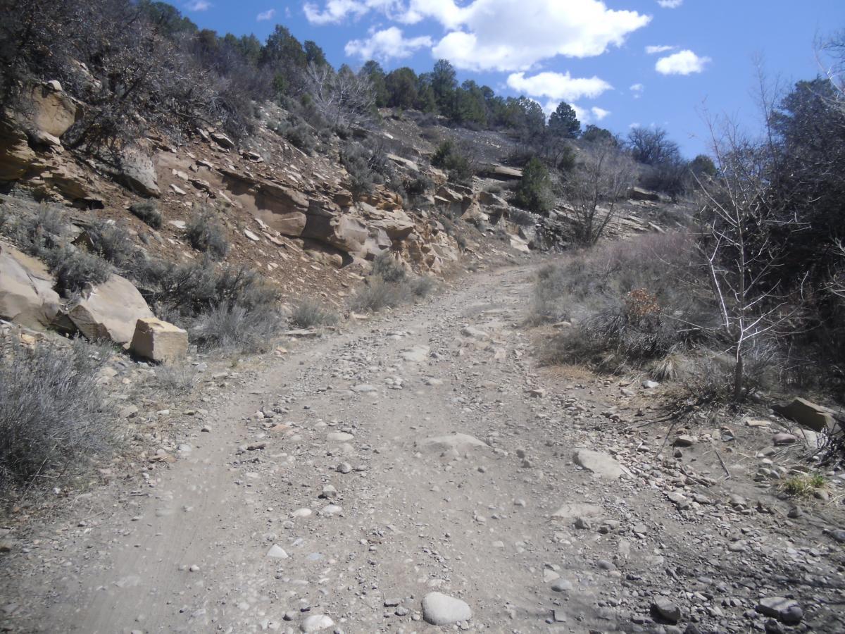 A rocky dirt trail winding through a dusty terrain, flanked by sparse vegetation and rocky outcrops. The sky is partly cloudy with some blue peeking through, and the surrounding hills are covered with low shrubs and trees. Horse Gulch mountain bike trail.