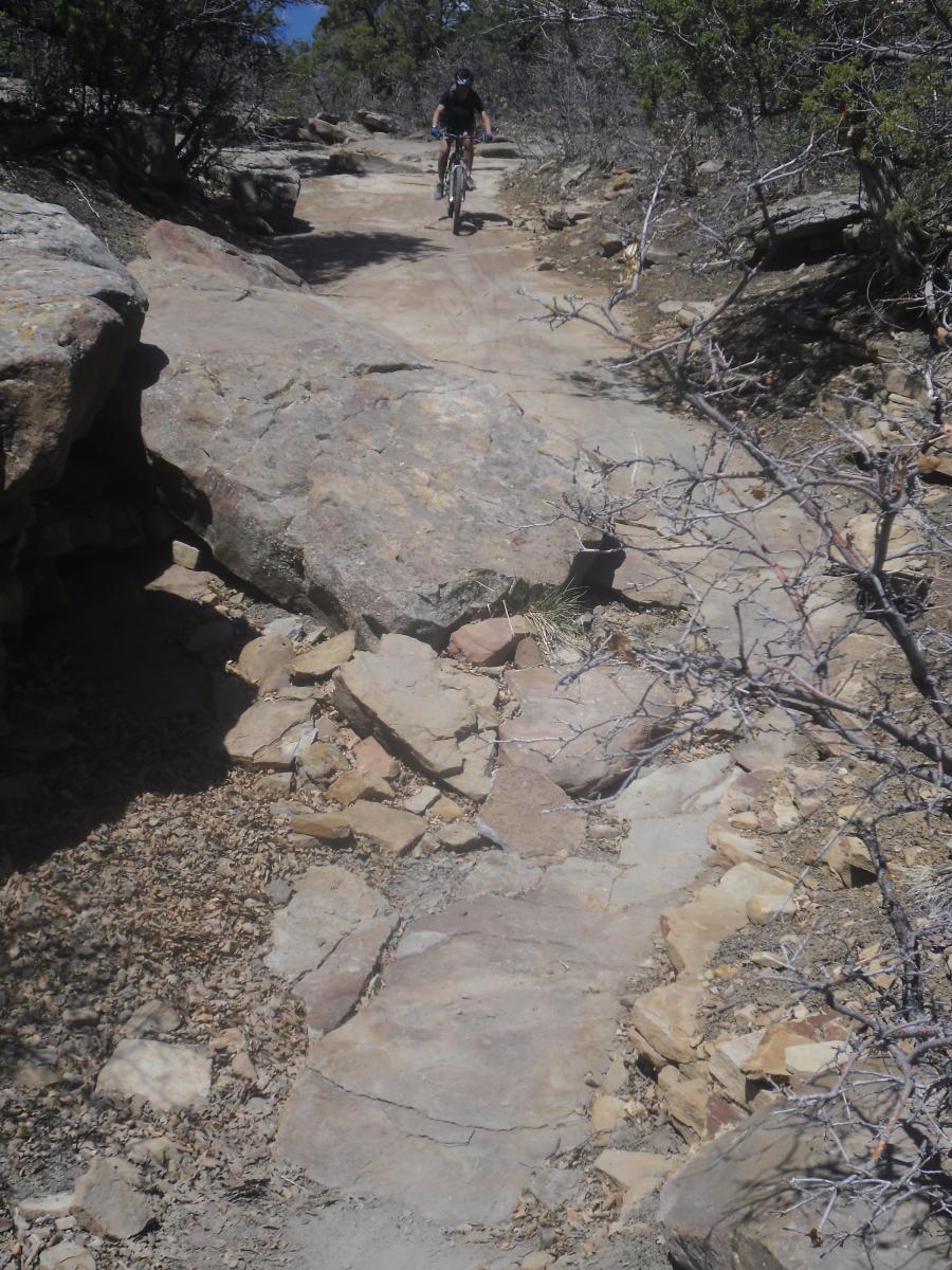 A mountain biker navigates a rocky terrain on a narrow path surrounded by sparse vegetation and rocky outcrops. The sunlit scene shows a rugged trail with large stones and loose gravel, indicating a challenging biking route. Horse Gulch mountain bike trail.