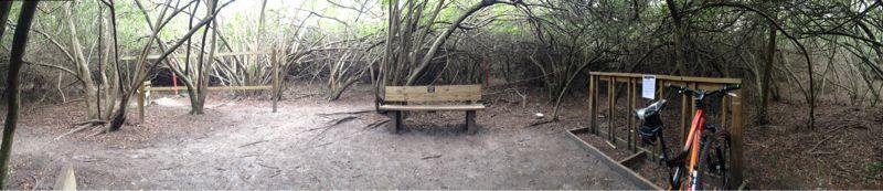 A panoramic view of a secluded woodland area featuring a wooden bench surrounded by dense trees and shrubs. On the right, a bike is secured to a wooden structure with a notice posted nearby, indicating this spot is likely for resting and bike storage. The ground is soft and muddy, typical of a natural setting. Caloosahatchee Regional Park mountain bike trail.
