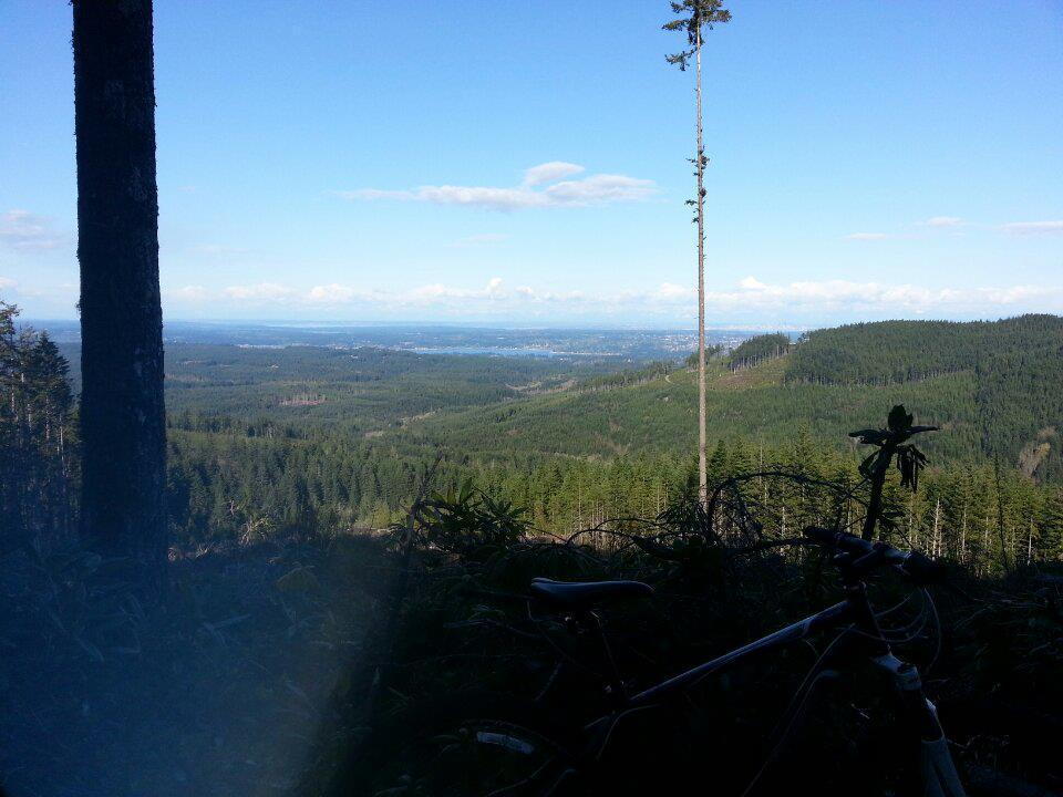 A scenic view from a forested area, showcasing rolling hills and a valley below, with a clear blue sky and a few scattered clouds. A mountain bike is partially visible in the foreground, resting against the greenery. The landscape features dense trees and an expansive view of distant mountains and fields. Green Mountain Trails mountain bike trail.