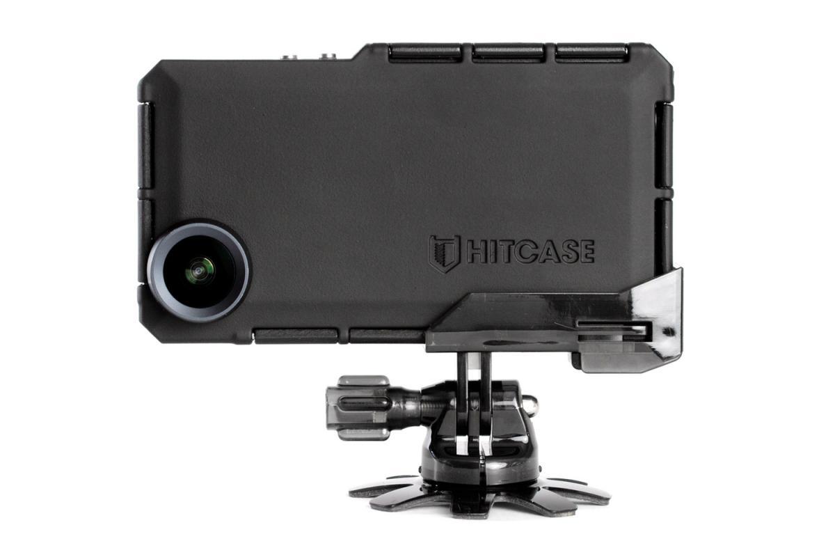 Hitcase Pro: Alt tag: "A black HITCASE phone case featuring a lens attachment and a mounting clip attached to a base."