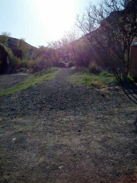A sunlit pathway winding through a rocky and grassy terrain, bordered by low shrubs and trees, leading to a distant structure partially obscured by foliage. The scene captures a tranquil outdoor setting with a clear sky. Cowiche Canyon mountain bike trail.