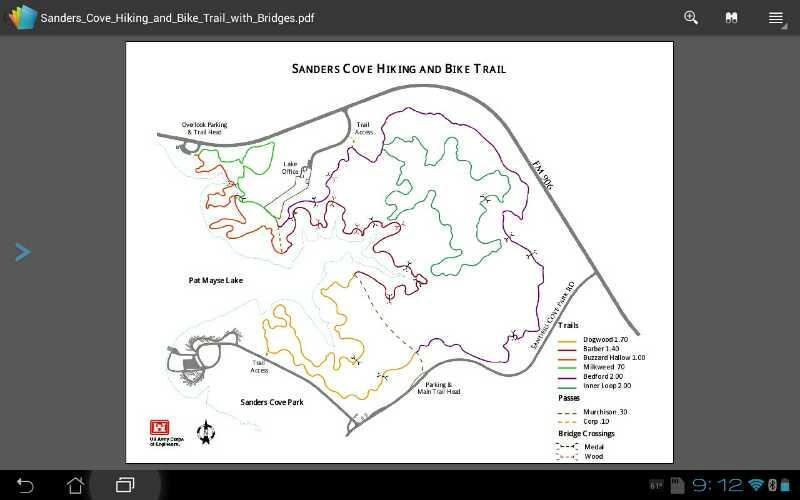 Map of Sanders Cove Hiking and Bike Trail, showing the layout of trails in different colors, trail access points, landmarks like Pat Mayse Lake, and bridge crossings. The map includes trail difficulty ratings and key features for hikers and bikers. Barber Hills Trail at Pat Mayse Lake mountain bike trail.