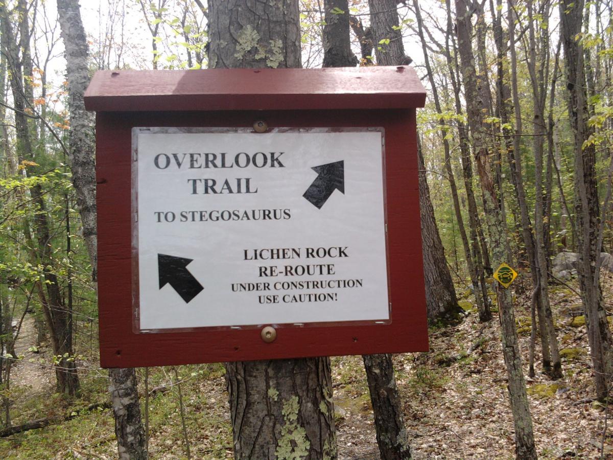 A wooden sign in a forest setting displaying trail directions. The sign indicates the Overlook Trail leading to "Stegosaurus" with an arrow pointing left. There is also a warning about the "Lichen Rock" re-route, noting that it is under construction and advising caution. Surrounding the sign are trees and foliage typical of a wooded area. Pine Hill Park mountain bike trail.