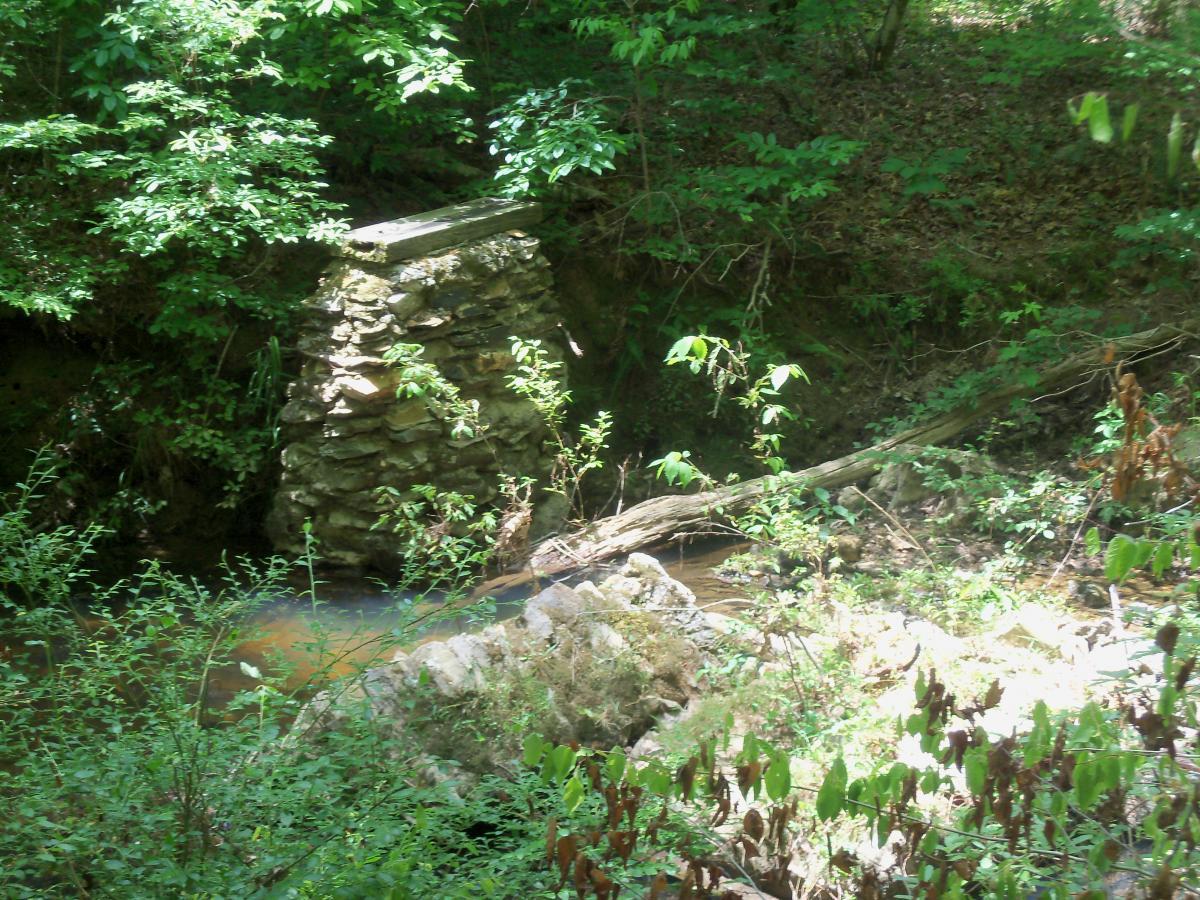 A small stone structure partially covered by greenery, situated beside a gently flowing creek in a forested area. Sunlight filters through the leaves, casting dappled shadows on the ground, while lush plants and a fallen log are visible nearby. Wine Creek mountain bike trail.