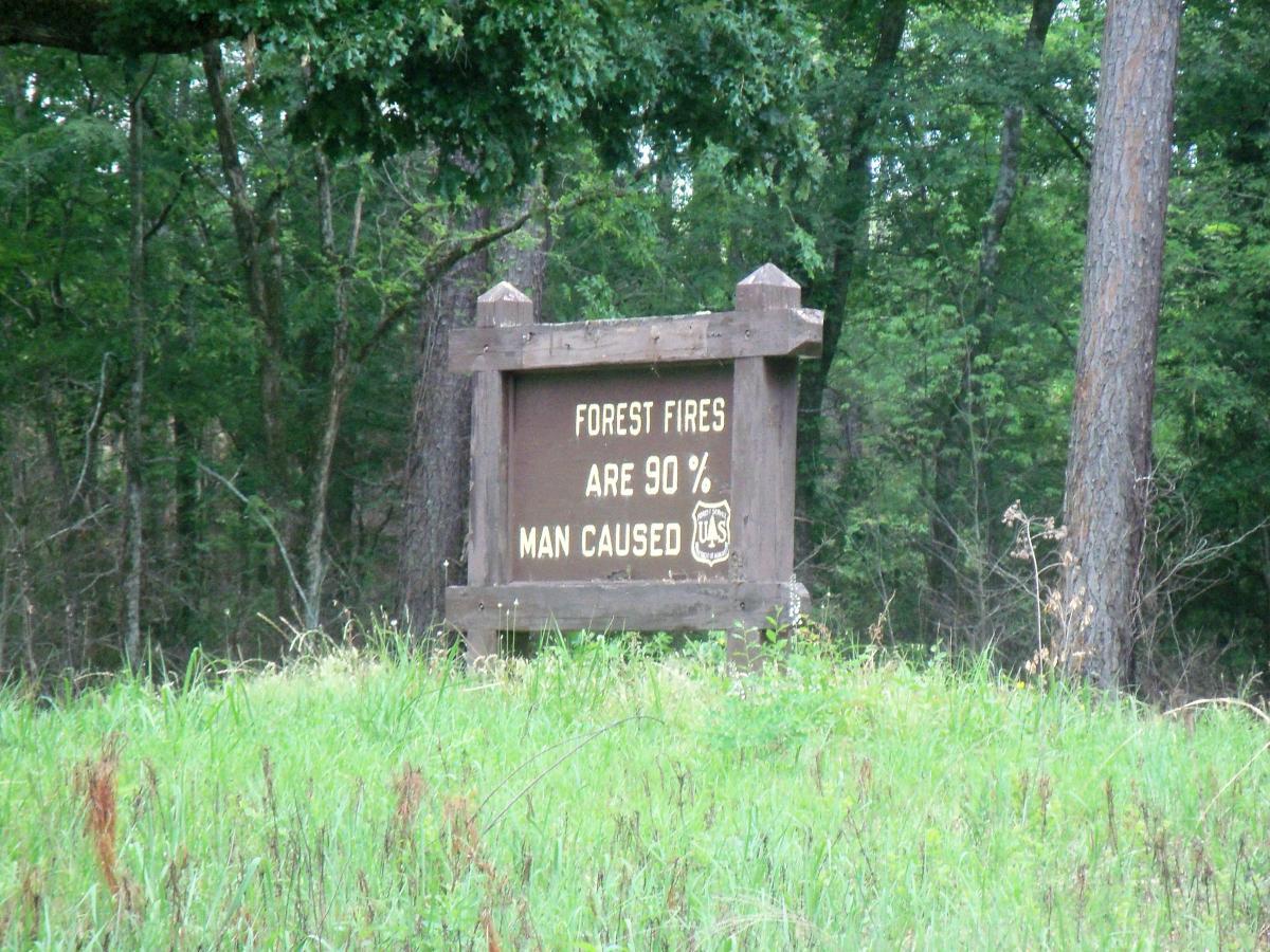 Wooden sign stating "Forest Fires Are 90% Man Caused," located in a green wooded area with trees in the background and grass in the foreground. Wine Creek mountain bike trail.