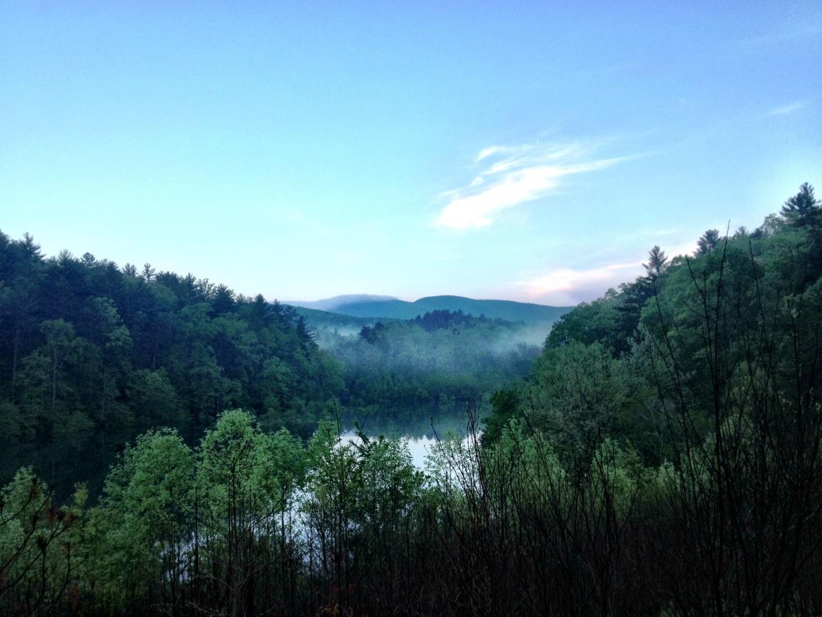 Serene landscape featuring a calm lake surrounded by lush green trees and mist-covered mountains under a clear blue sky. The scene captures the tranquility of nature, with reflections of the trees in the water and a soft morning light. Jones Creek Ridge Trail mountain bike trail.