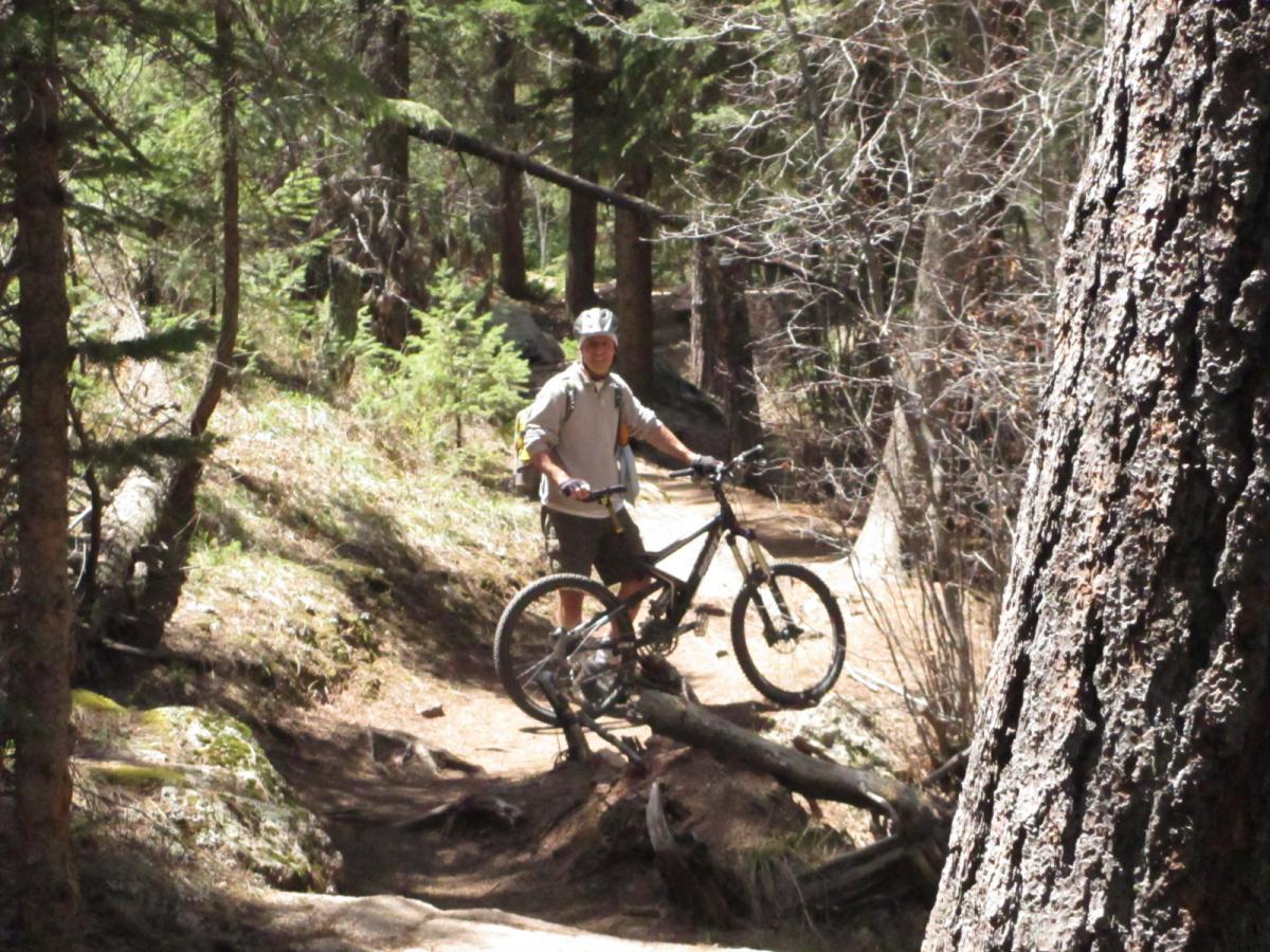 A mountain biker standing beside a bicycle on a trail in a wooded area. Sunlight filters through the trees, highlighting the natural surroundings and the rugged path. The biker is wearing a helmet and casual outdoor clothing, appearing relaxed and engaged in the biking experience. Colorado Trail: Buffalo Creek To Lost Creek Wilderness Boundary mountain bike trail.