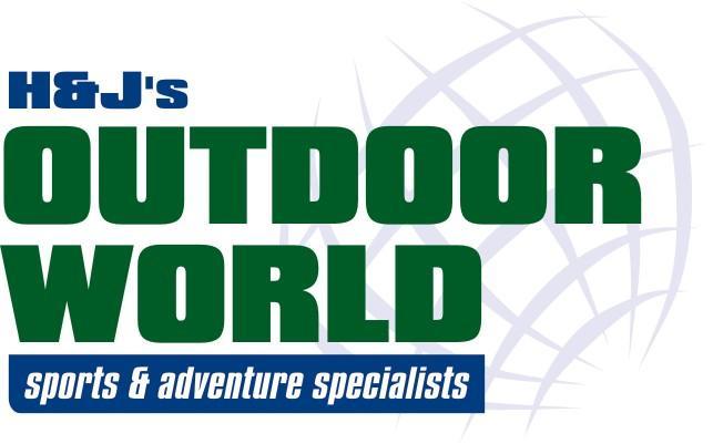 Logo for H&J's Outdoor World, featuring bold, green text for "OUTDOOR WORLD" and a supporting tagline in blue that reads "sports & adventure specialists." The background includes a subtle globe design.