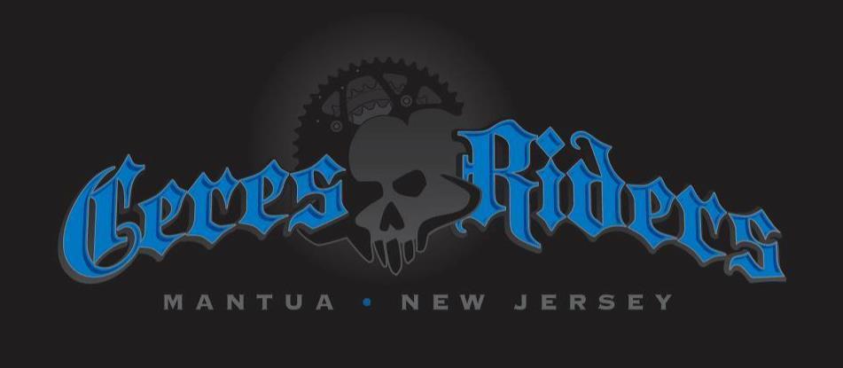 Logo for Ceres Riders, featuring a stylized skull and the text "Ceres Riders" in blue, with "Mantua • New Jersey" in gray below. The background is black, giving a bold and striking appearance.