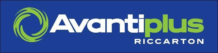 Logo of Avanti Plus Riccarton, featuring the company name in white and green text on a blue background, with a circular green graphic to the left of the text.