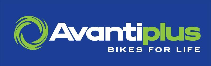 Logo of AvantiPlus, featuring the brand name in white and green text on a blue background, accompanied by the slogan "Bikes for Life." A circular green graphic is positioned to the left of the text.