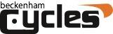Logo for Beckenham Cycles, featuring the text "beckenham" in a smaller font above the word "cycles," with an orange accent.