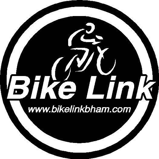 Logo of Bike Link featuring a bicycle rider silhouette in white on a black background, surrounded by a circular border. The text "Bike Link" is prominently displayed, along with the website URL "www.bikelinkbham.com."