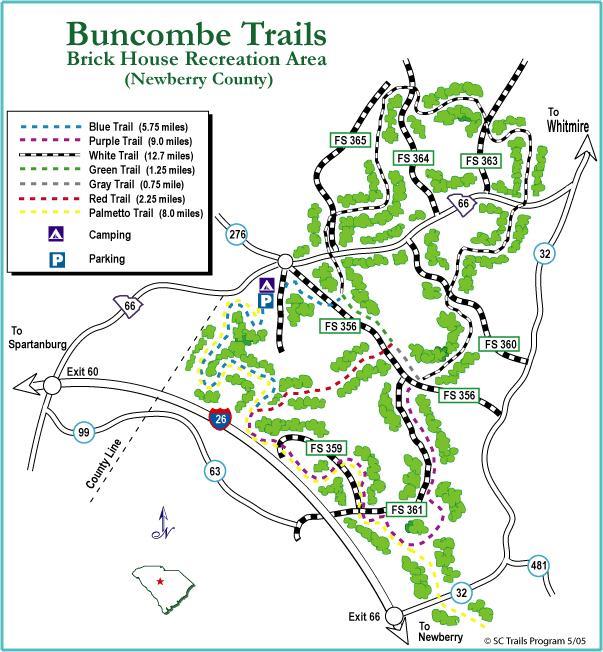 Map of Buncombe Trails in the Brick House Recreation Area, Newberry County, featuring various trails marked in different colors along with their mileages. The map indicates locations for camping and parking, and includes major roads and landmarks for navigation. Buncombe - Brickhouse Recreation Area mountain bike trail.