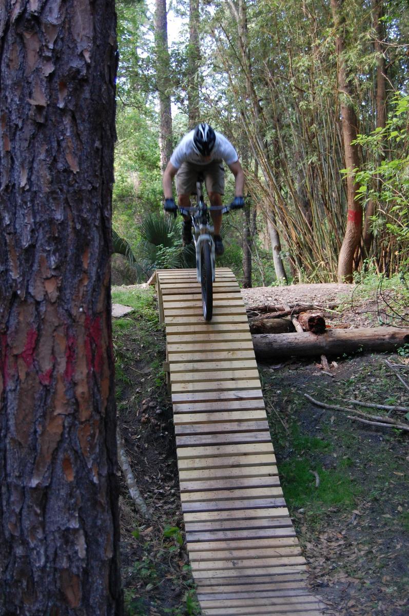 A person riding a mountain bike is mid-air above a wooden ramp in a forested area, with tall trees and greenery surrounding the scene. Tillie Fowler Regional Park mountain bike trail.