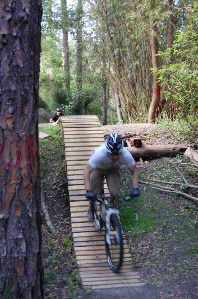 A mountain biker in a white shirt and helmet rides down a wooden ramp through a forested trail, with another cyclist in the background. The scene is lush with greenery and surrounded by tall trees. Tillie Fowler Regional Park mountain bike trail.