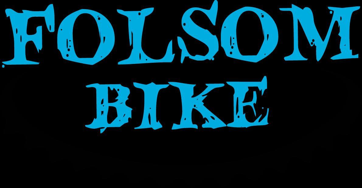 Text graphic displaying the words "FOLSOM BIKE" in bold blue lettering on a black background.
