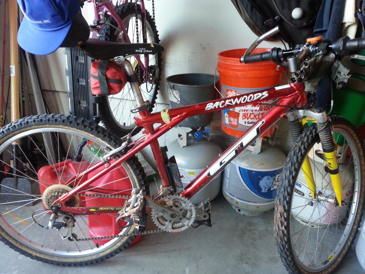 GT Backwoods: A red mountain bike with the brand name "GT BACKWOODS" prominently displayed on the frame, resting in a cluttered garage. The bike features thick, knobby tires suitable for off-road riding and is positioned next to a pink bicycle. Various items, including gas cans and storage containers, can be seen around the bike, adding to the garage's organized chaos. A blue cap is perched on the bike's saddle.
