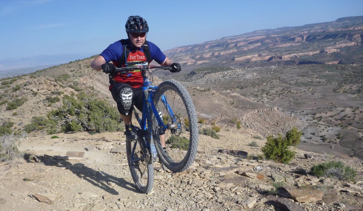 Niner RIP 9: A mountain biker performing a wheelie on a dirt path while riding downhill in a rugged landscape, featuring rocky terrain and distant hills under a clear blue sky. The rider is dressed in a blue and red jersey, black shorts, and a helmet.