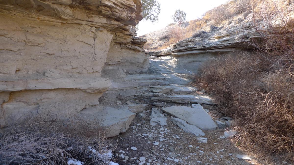 A rocky canyon with steep, layered walls and a dry, uneven pathway. Sparse vegetation and dry shrubs are present alongside the rocky ground. The scene is illuminated by natural light, indicating a clear day. South Shore Lake Pueblo mountain bike trail.
