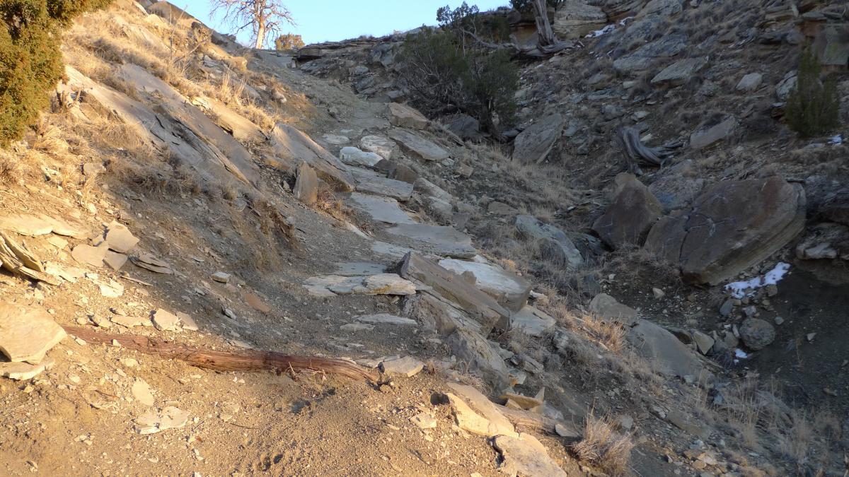 A rocky, uneven terrain with sparse vegetation, featuring substantial boulders and sloping ground under a clear sky. The scene captures the natural ruggedness of a hillside, showing elements of dry grass and exposed earth. South Shore Lake Pueblo mountain bike trail.