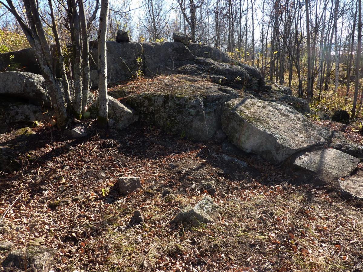 A rocky landscape featuring large boulders and a patch of bare earth, surrounded by trees in a forested area. The ground is covered with fallen leaves, and there are glimpses of sunlight filtering through the branches, suggesting a clear day in autumn. Piedmont mountain bike trail.