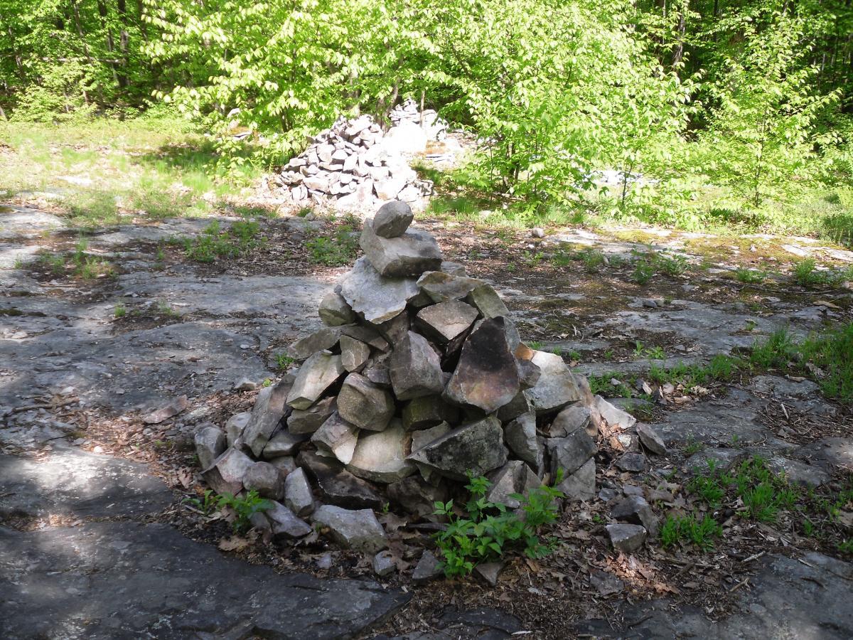 A small stack of stones, also known as a cairn, located on a rocky, uneven surface in a lush green forest. Surrounding the cairn are patches of grass and scattered leaves, while more stacks of stones are visible in the background. Sunlight filters through the foliage, illuminating the scene. Pine Hill Park mountain bike trail.