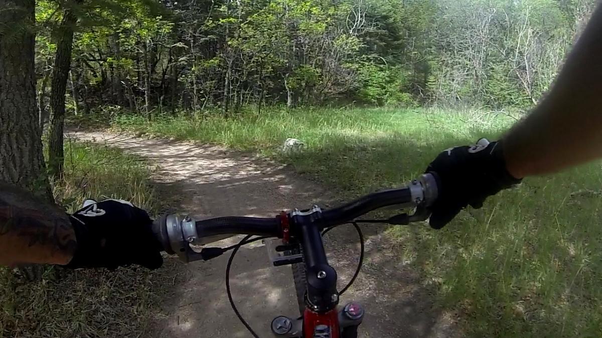 A first-person view of a mountain biking trail surrounded by trees. The image shows the handlebars of a bike held by someone wearing gloves, with a dirt path curving ahead through lush greenery. Sunlight filters through the trees, highlighting the natural scenery. Cheyenne Mountain State Park mountain bike trail.