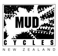 Logo of Mud Cycles, a New Zealand cycling company, featuring bold text with the word "MUD" prominently displayed above "CYCLES," along with graphic elements resembling tire tracks.