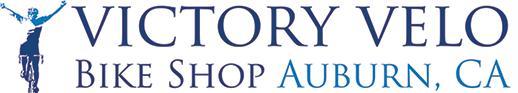 Logo for Victory Velo, a bike shop located in Auburn, California, featuring a cyclist and the shop