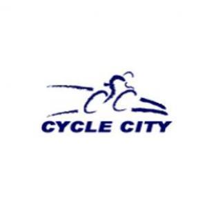 Logo for "Cycle City" featuring a stylized illustration of a cyclist in motion, accompanied by the text "CYCLE CITY" beneath it, all in blue.