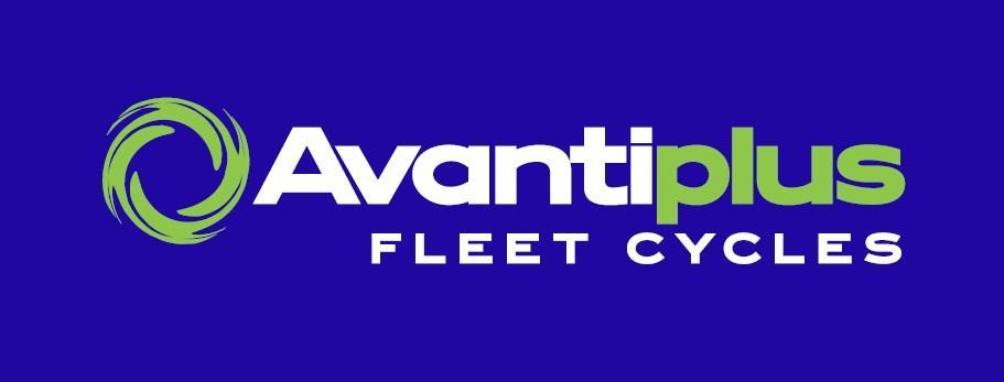 Logo for AvantiPlus Fleet Cycles on a blue background, featuring the brand name in a combination of green and white colors, with a circular design element to the left of the text.
