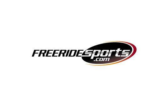 Logo of FreeRide Sports, featuring the text "FREERIDESPORTS.com" in bold black letters with a stylized red and orange oval design in the background.