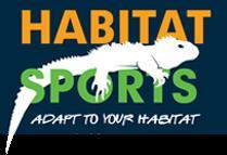 Logo for Habitat Sports featuring the words "HABITAT" in orange and "SPORTS" in green. A white lizard is depicted above the text, and the tagline "ADAPT TO YOUR HABITAT" is included below. The background is dark blue.