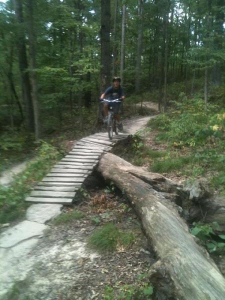 A cyclist navigating a wooden bridge over a small ravine on a forested mountain biking trail, surrounded by lush green trees and underbrush. Brown County Park mountain bike trail.